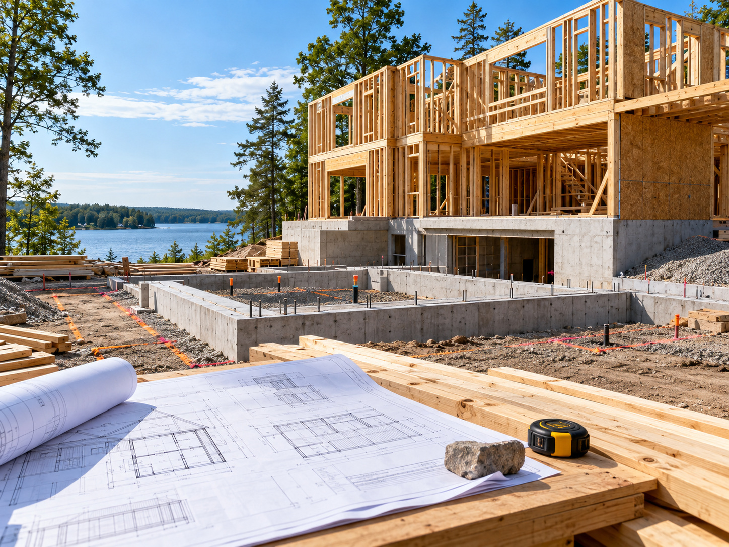 AI-generated illustration of home construction with foundations, timber framing and building plans in the foreground.