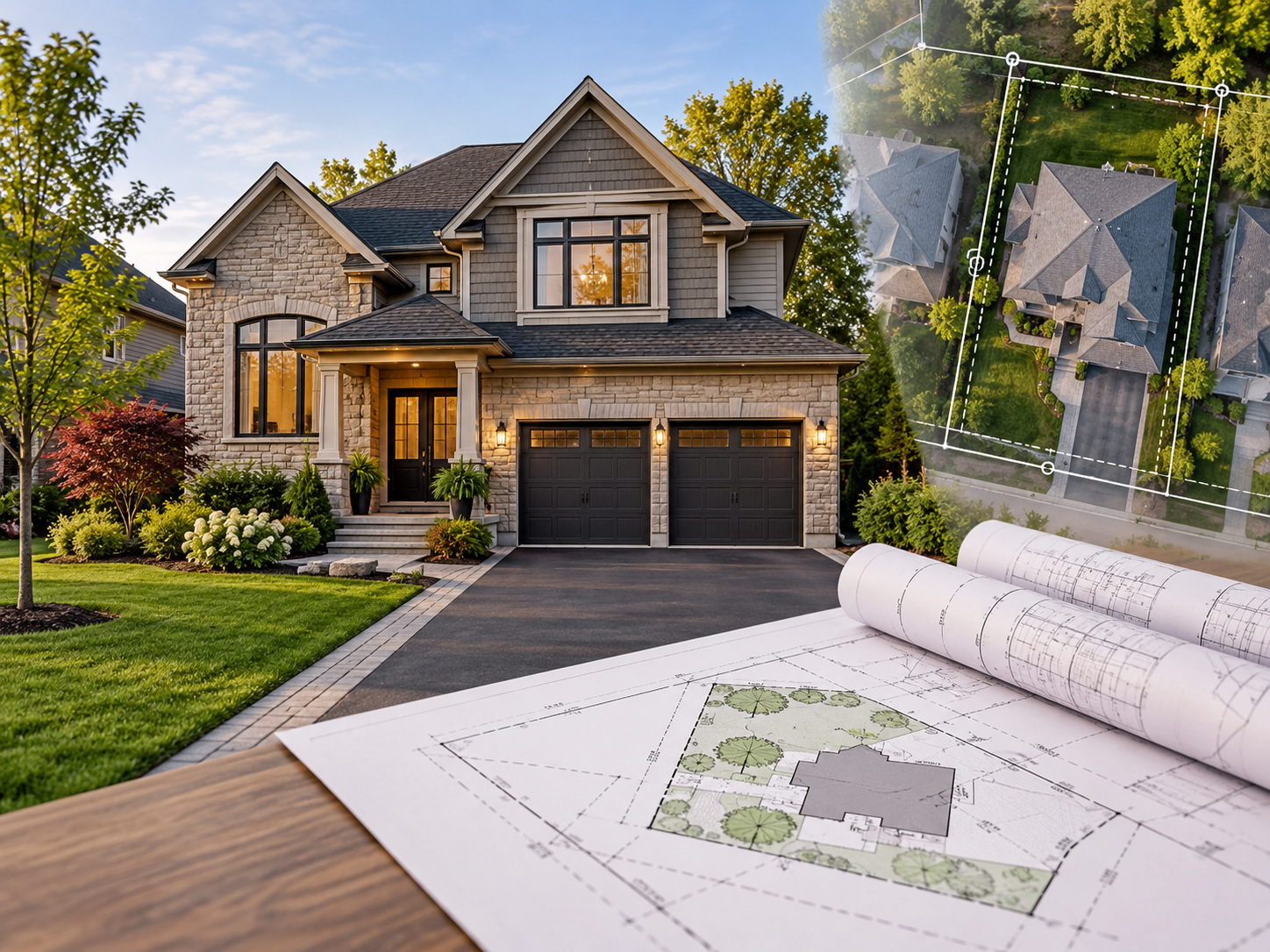 AI-generated illustration of a home with property survey plans and a conceptual aerial boundary overlay.