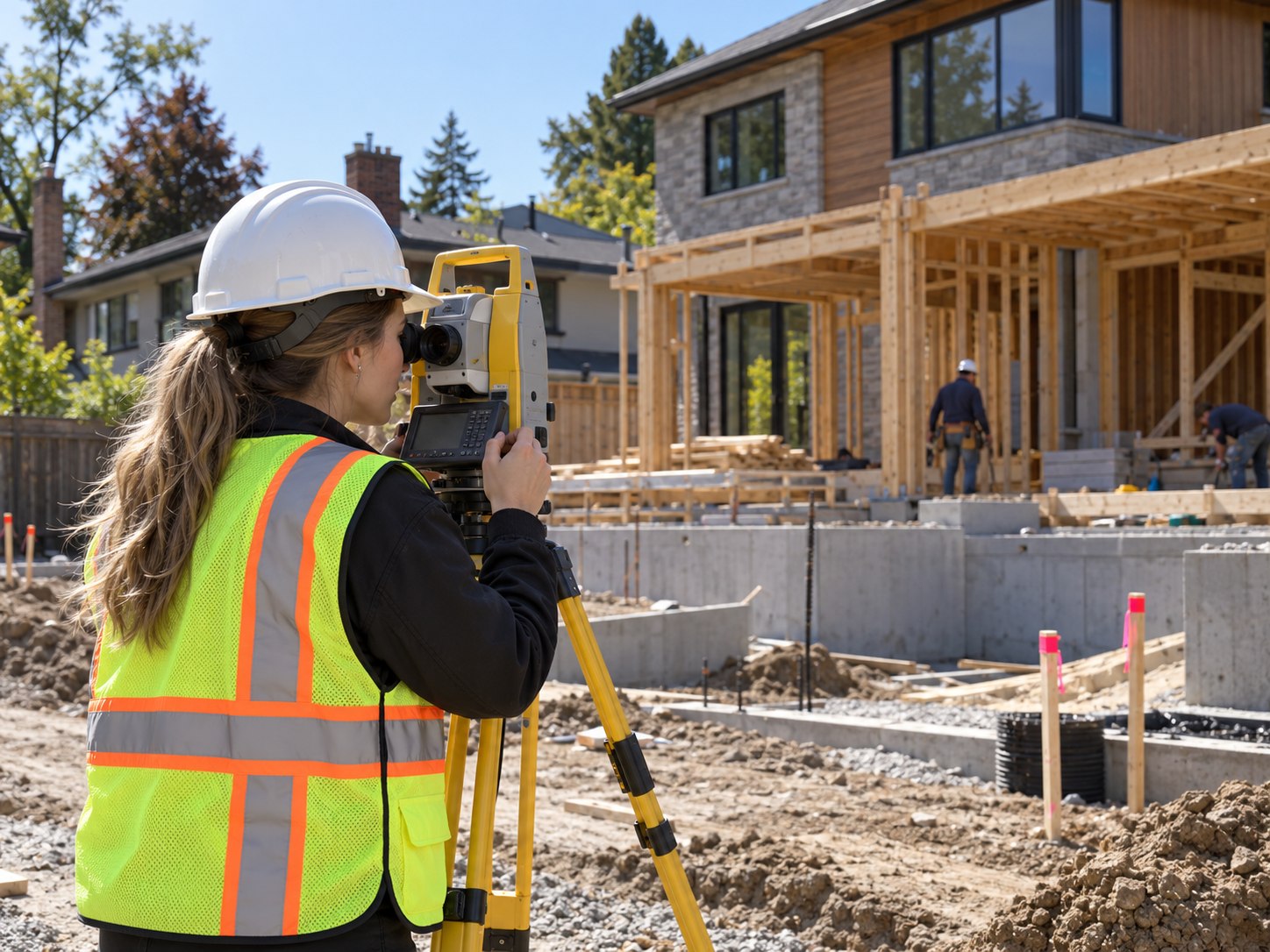 AI-generated illustration: surveyor with a ponytail taking measurements beside a timber-framed home addition