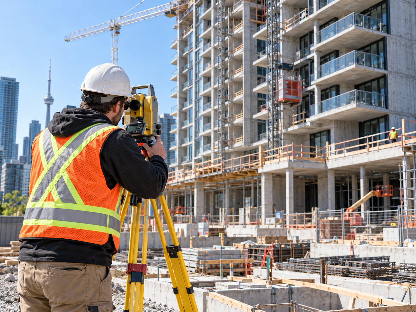 AI-generated illustration: surveyor measuring at a multi-storey condominium construction site