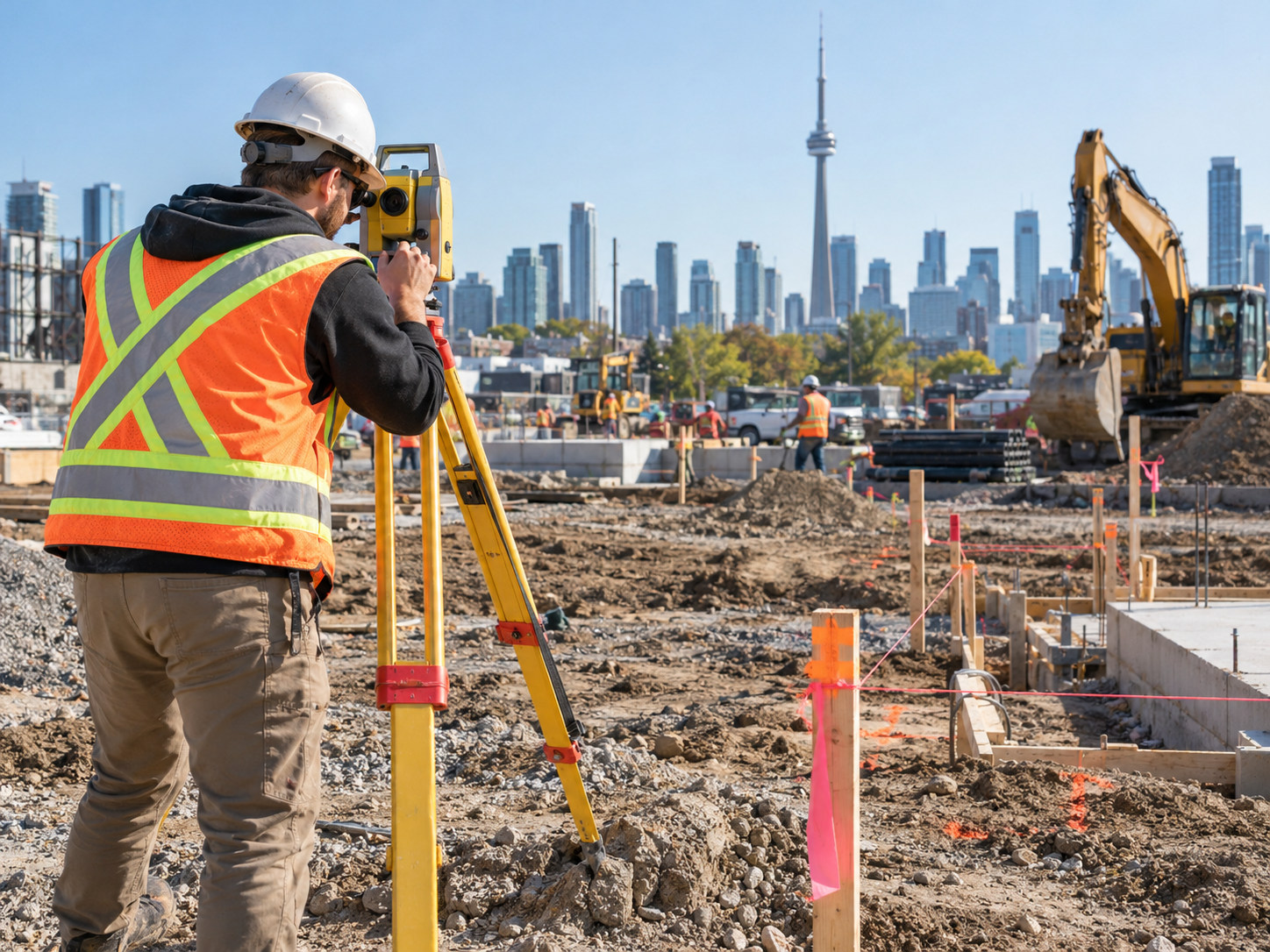 AI-generated illustration: surveyor measuring beside foundation work and construction stakes