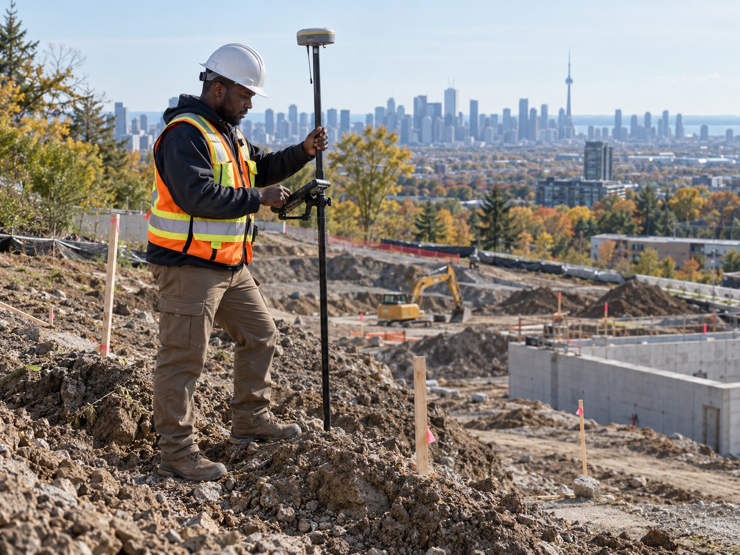 AI-generated illustration: surveyor using a GNSS rover pole and field controller on an open site