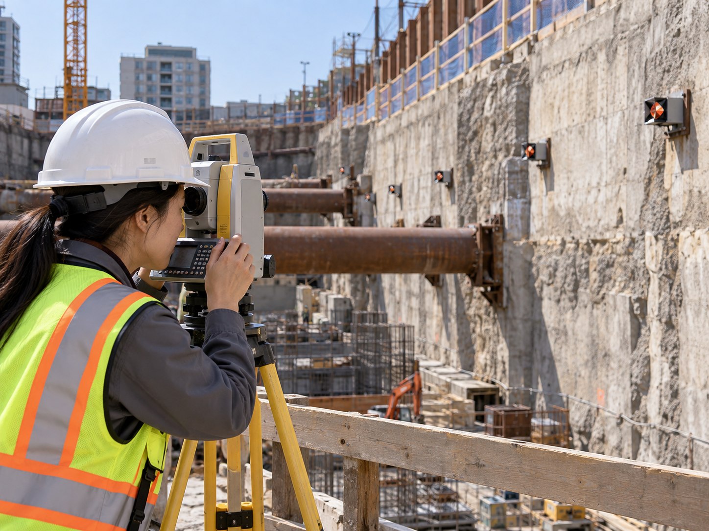 AI-generated illustration: surveyor observing fixed survey targets on an excavation retaining wall