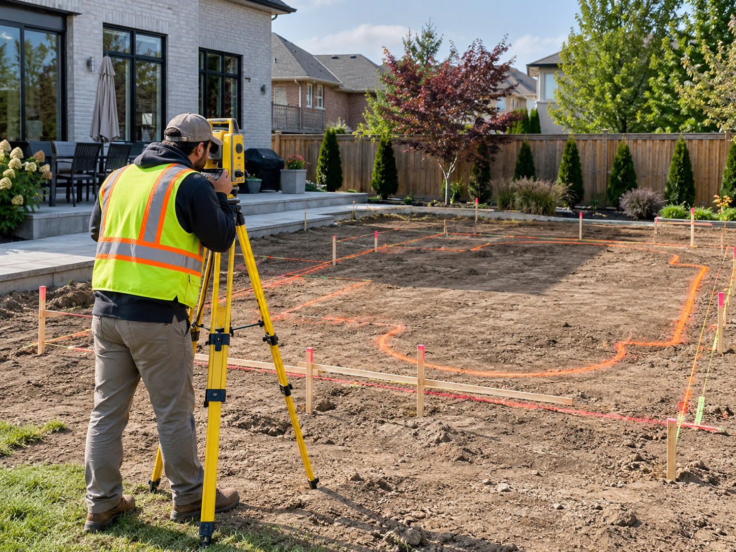 AI-generated illustration: surveyor measuring a backyard with a marked proposed pool outline