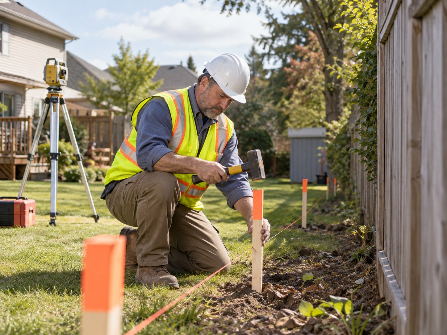 AI-generated illustration: surveyor in a blue work shirt placing a wooden field marker near a residential fence