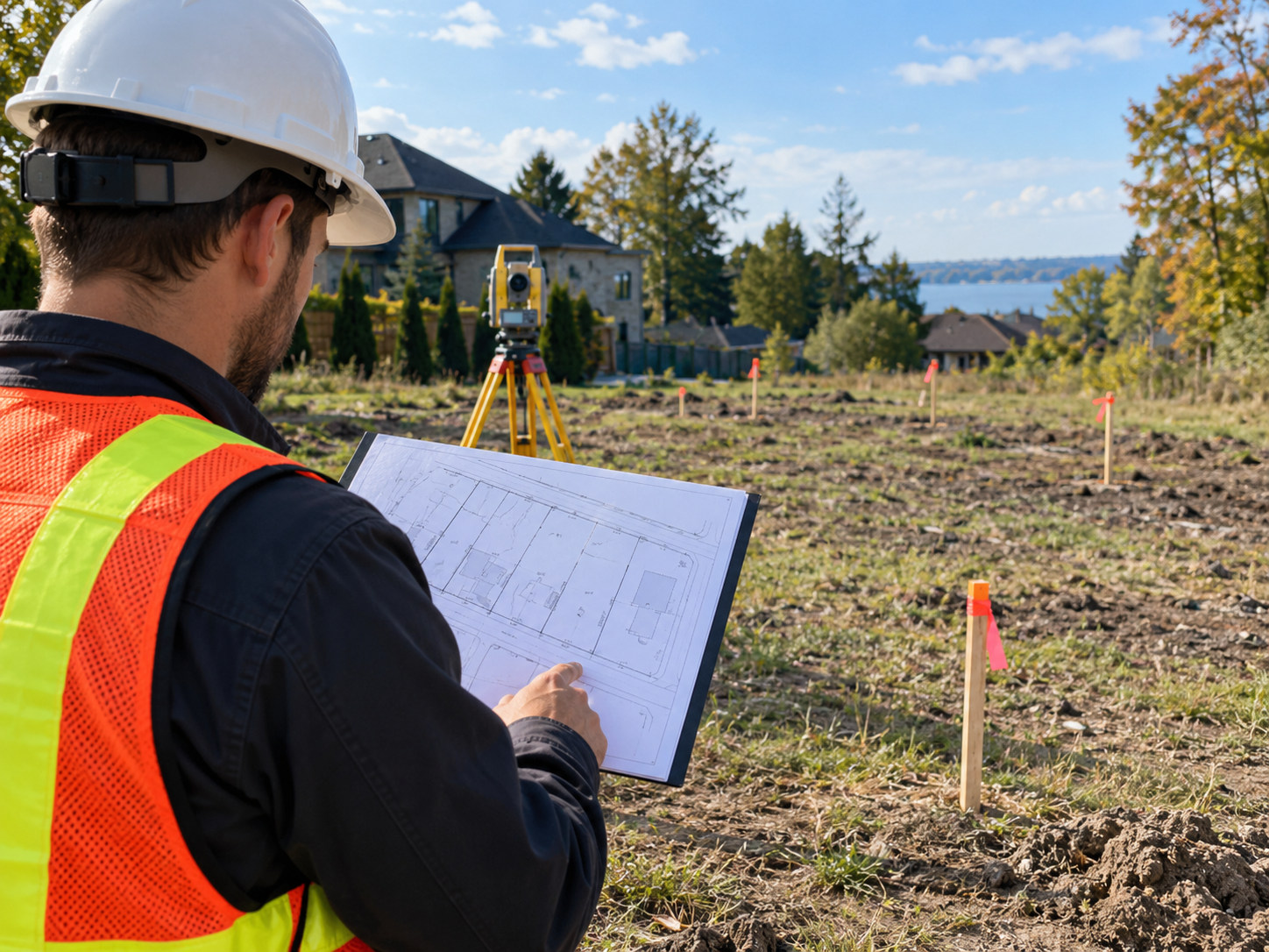 AI-generated illustration: surveyor reviewing a parcel drawing beside a marked site