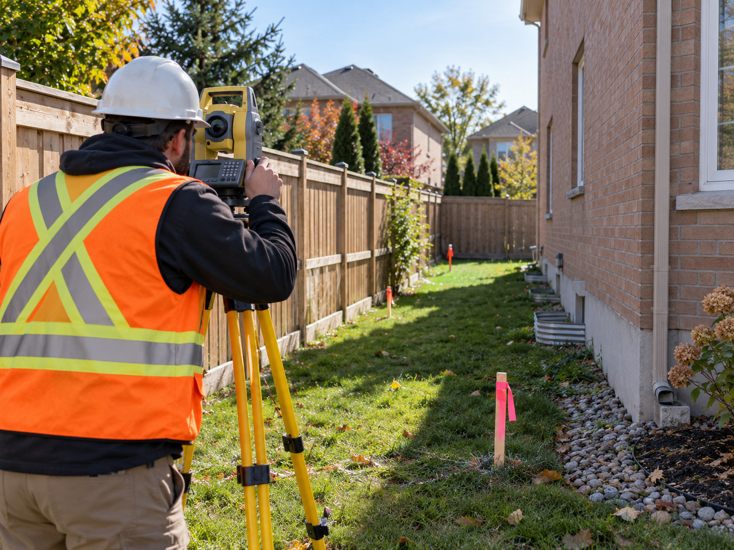 AI-generated illustration: surveyor measuring beside a brick home and fence