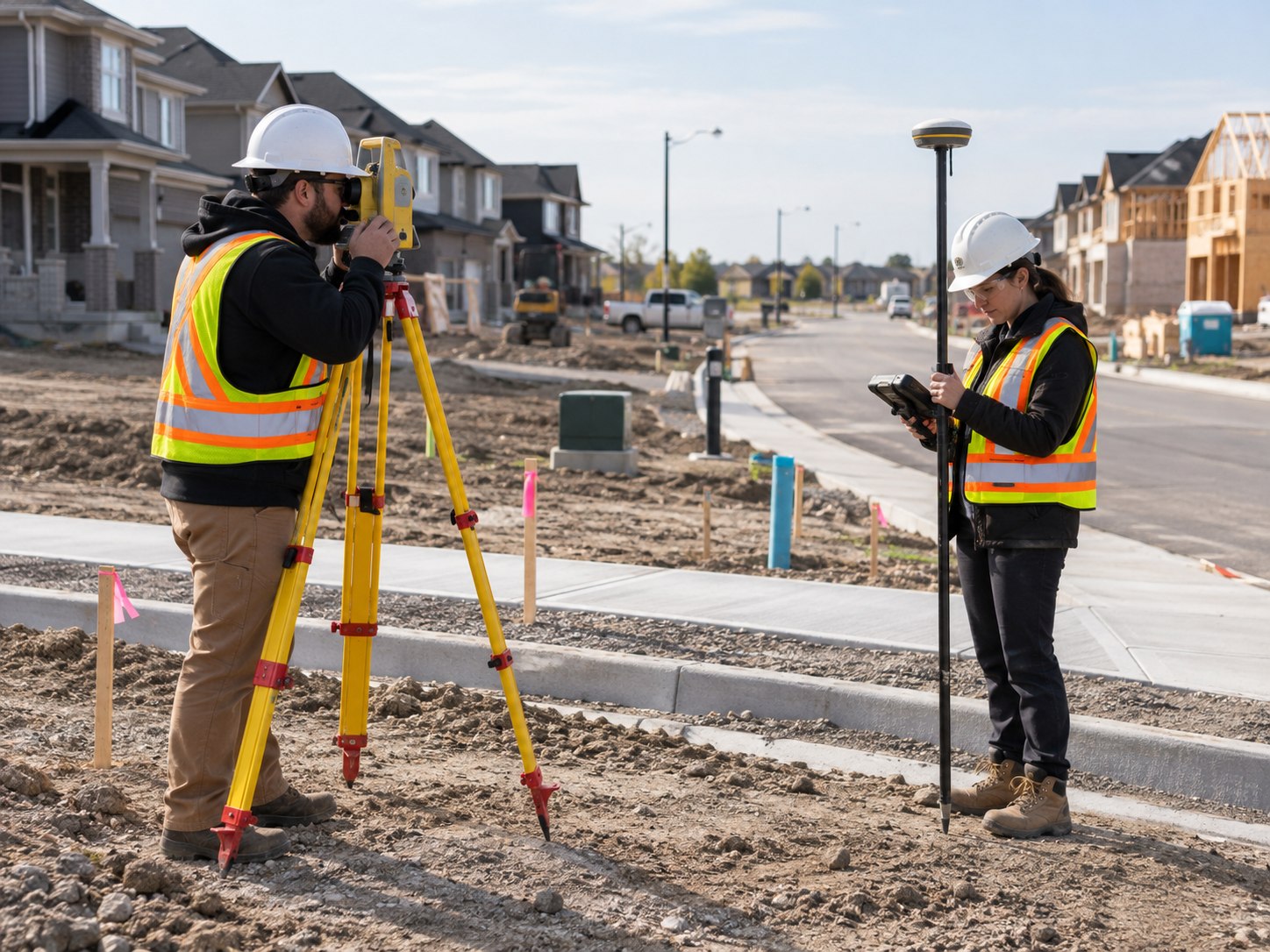 AI-generated illustration: two surveyors with a total station and GNSS rover beside roads and homes in a developing subdivision