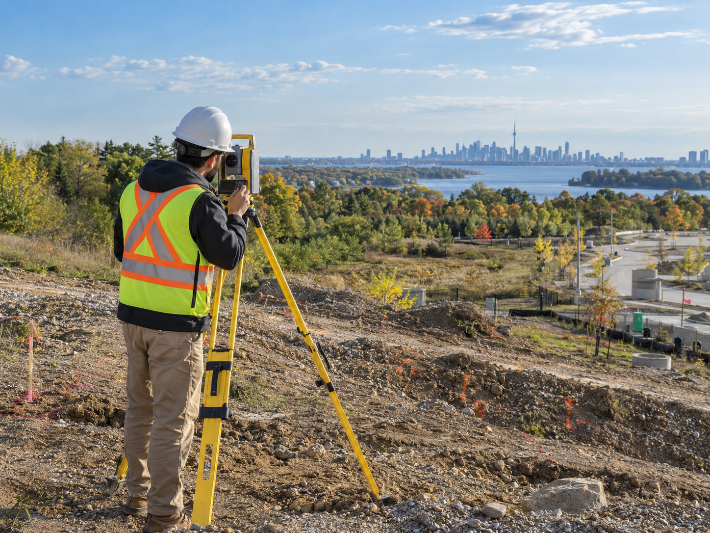 AI-generated illustration: surveyor observing varied ground elevations on a sloping site